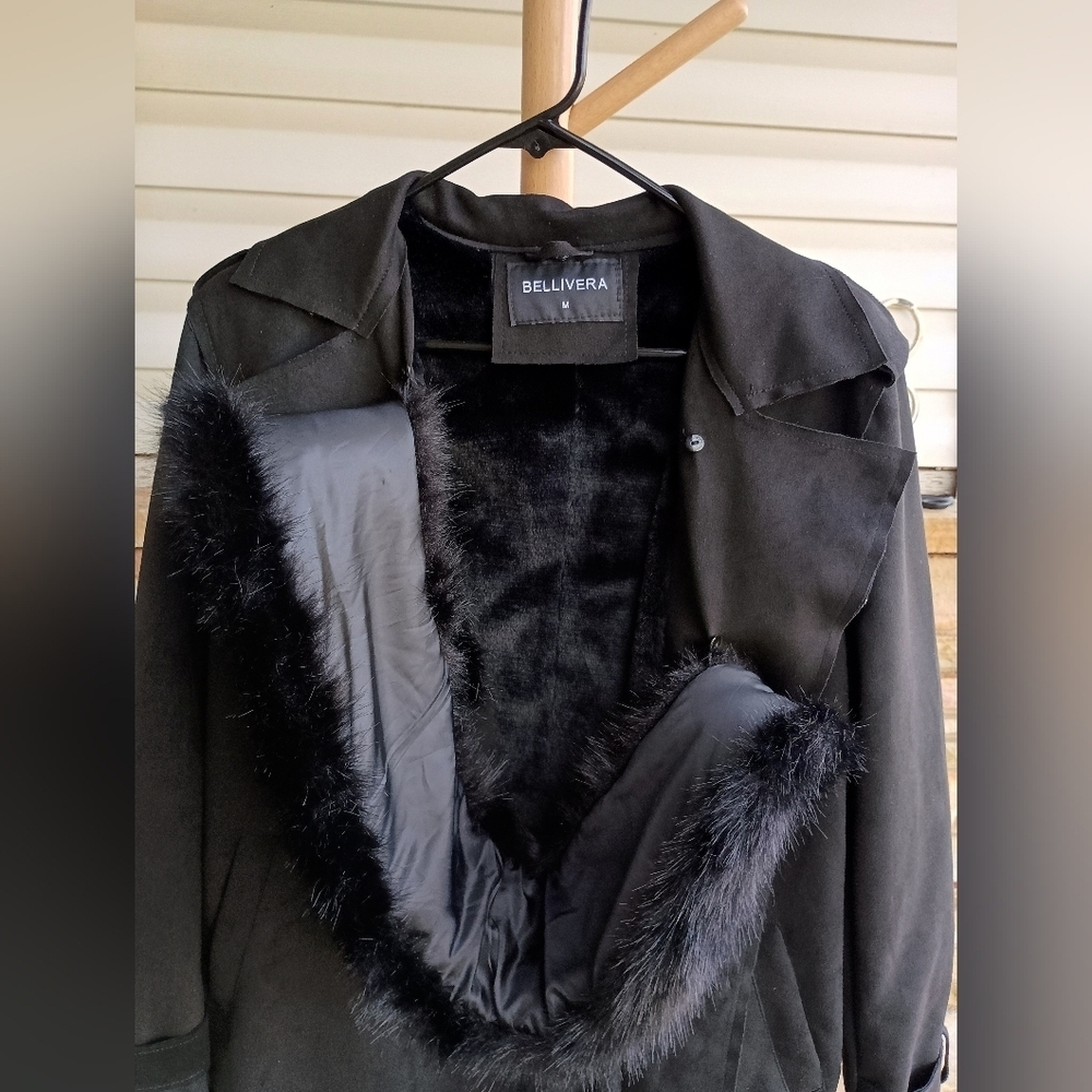 BELLIVERA Black Suede Like Trench Coat With Faux Fur Collar & Lining_Med - Picture 7 of 11